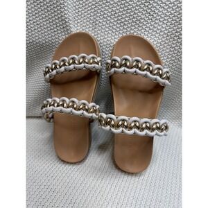 Schutz Braided Chain Slide Sandals White Gold Metallic Platform Double Strap Tan